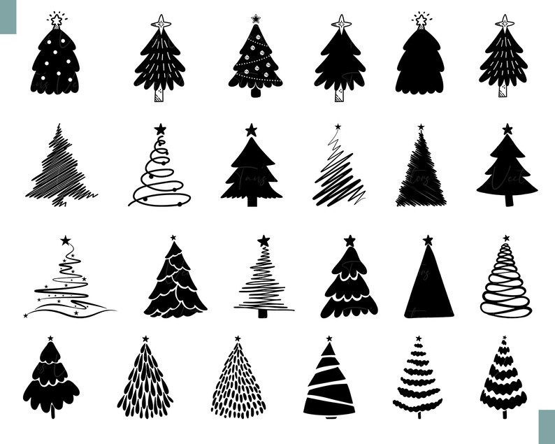 May include: A collection of 25 black and white hand-drawn Christmas tree illustrations. The trees are in various styles, including simple outlines, detailed designs, and abstract shapes.