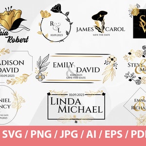 May include: A set of ten wedding logo designs featuring black and gold floral elements. The logos include names like Sophia Robert, Madison David, Emily David, Steve Mary, Daniel Nancy, Linda Michael, and Emma Richard. The logos also include dates like 10.09.2023 and the phrase "Save the Date".