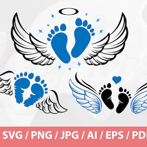 May include: Two sets of blue and black baby footprints with angel wings. The footprints are outlined in black and have a halo above them.