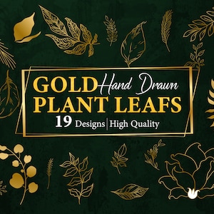 May include: A set of 19 gold hand-drawn plant leaf illustrations. The leaves are in various shapes and sizes, and are perfect for adding a touch of elegance to any design project.  "GOLD Hand Drawn PLANT LEAFS 19 Designs | High Quality"