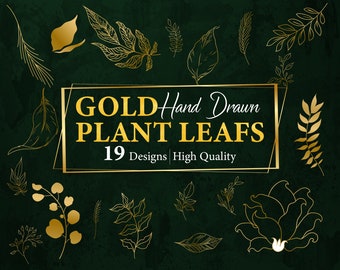 Gold Hand Drawn Plant Leafs - Gold Leaf Elements Clipart, gold foil hand drawn botanical clip art png, Gold Plant svg, Gold Leafs svg, gold