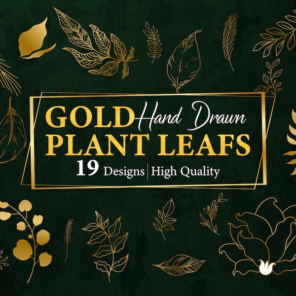 Gold Hand Drawn Plant Leafs - Gold Leaf Elements Clipart, gold foil hand drawn botanical clip art png, Gold Plant svg, Gold Leafs svg, gold