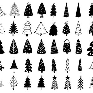 May include: A collection of 40 black and white hand-drawn Christmas tree illustrations. The trees are in various styles, including simple, whimsical, and traditional.