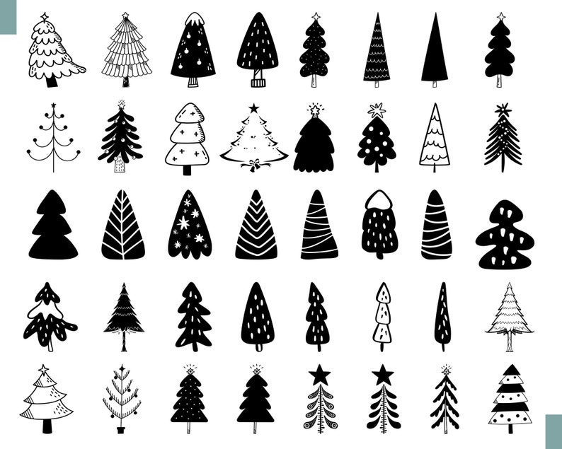 May include: A collection of 40 black and white hand-drawn Christmas tree illustrations. The trees are in various styles, including simple, whimsical, and traditional.