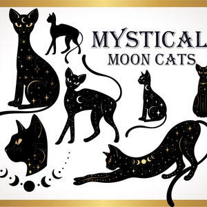 Gold and Black Mystical Cats - Cat Tattoo, Magical cat, Mystical moon cat, Magic Cat, Celestial Cat, Mystical cat svg, Esoteric Animal Svg