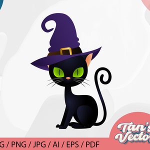 May include: A black cat wearing a purple witch hat with a gold buckle. The cat has green eyes and a curled tail.