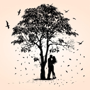 AUTUMN TREE and Kissing Couple - Autumn tree svg, Flying Birds, Falling Leaves, Tree svg, Kissing Couple svg, Autumn Tree Silhouette svg png