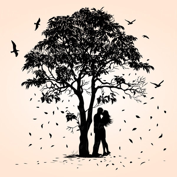 AUTUMN TREE and Kissing Couple - Autumn tree svg, Flying Birds, Falling Leaves, Tree svg, Kissing Couple svg, Autumn Tree Silhouette svg png
