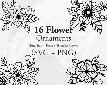 Adornos florales SVG - Flores botánicas svg, Floral Svg, planta svg, garabatos, ramas svg archivo, dibujado a mano svg, flores svg, hoja svg