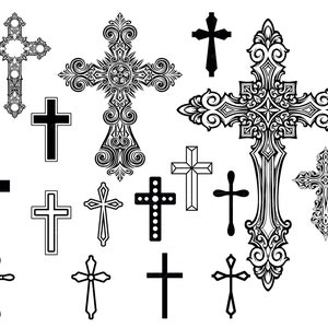 Może przedstawiać: Kolekcja 14 czarno-białych wzor&oacute;w krzyży. Krzyże są w r&oacute;żnych stylach, od prostych do ozdobnych. Niekt&oacute;re krzyże mają okrągły wz&oacute;r w środku.