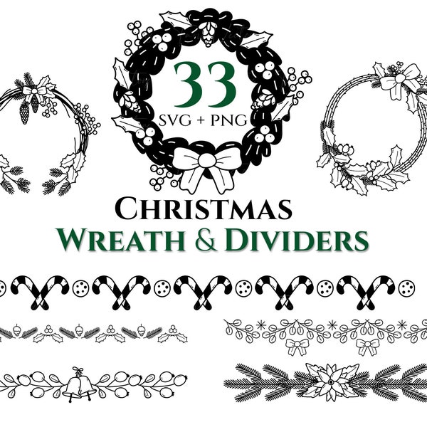 Christmas Wreath & Christmas Dividers SVG - xmas,holidays,floral,borders,ornamental,flowers,leaves,berries,dividers,wreath,floral separators