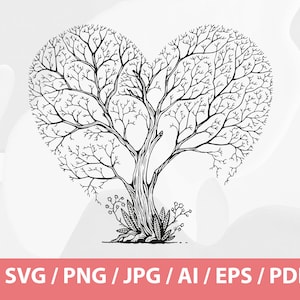 May include: A black and white line drawing of a tree with branches forming a heart shape. The tree is rooted in a small patch of grass.