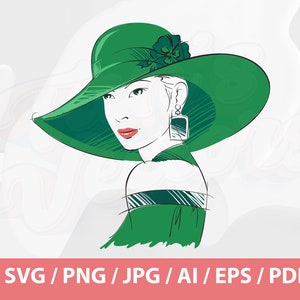 May include: A woman with dark hair wearing a green hat with a flower accent and green earrings. She is wearing a green dress with a white stripe.