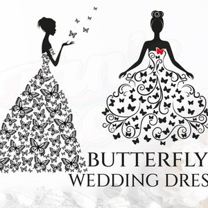 蝶のウェディングドレス - 蝶 svg、ウェディングドレスのシルエット、ウェディングドレス、花嫁 svg、ブライダルパーティー svg、結婚式 svg、ドレスファッション svg