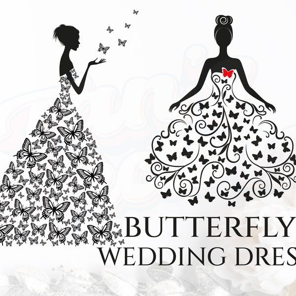 Butterfly Wedding Dress - Butterfly svg,Wedding Dress Silhouette, Wedding dress, Bride svg, Bridal Party svg, Wedding svg, Dress Fashion svg