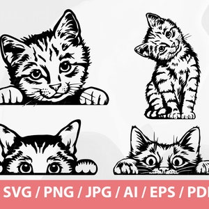 May include: Four black and white illustrations of cats. The first image shows a cat peeking over a surface. The second image shows a cat sitting with its head turned to the side. The third image shows a cat peeking over a surface. The fourth image shows a cat peeking over a surface.