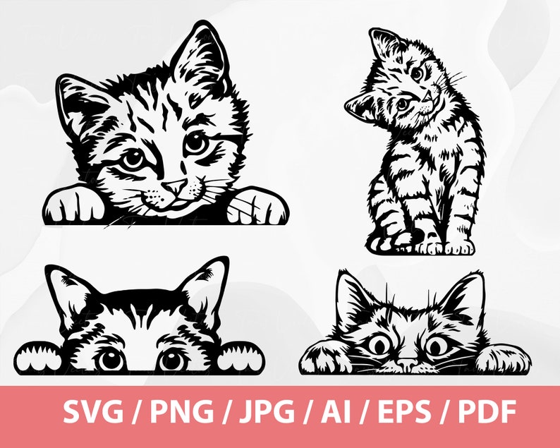 May include: Four black and white illustrations of cats. The first image shows a cat peeking over a surface. The second image shows a cat sitting with its head turned to the side. The third image shows a cat peeking over a surface. The fourth image shows a cat peeking over a surface.