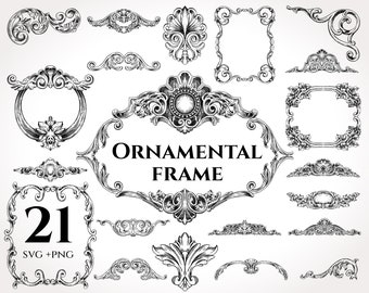 May include: A set of 21 black and white ornamental frame SVG and PNG files. The frames are intricate and detailed, with a variety of shapes and sizes. The text "ORNAMENTAL FRAME" is written in the center of the image.
