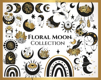 Floral Moon SVG - Gold and Black Floral Moon svg, Tattoo Symbols, Mystical Symbols, Magic Symbols,Celestial Symbols,Mystical svg,Magic, moon