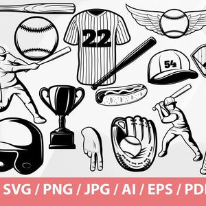 May include: A set of black and white baseball themed illustrations, including a baseball, bat, glove, trophy, jersey, hat, hot dog, and a player swinging a bat. The jersey has the number 22 on it and the hat has the number 54 on it.