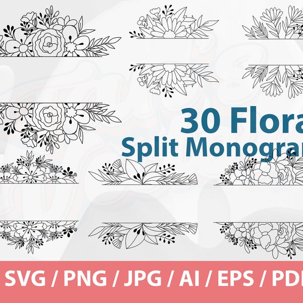 Floral Frame Split Monogram - Flower Doodle, Botanical line art, Flower Clipart Flower, Floral Frame SVG Bundle, Rose, Split Monogram Frame