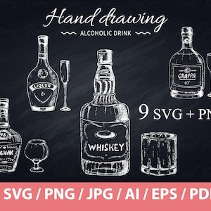 9 Hand Drawn Alcoholic Drink - whiskey bottle, grappa bottle, vine bottle, cognak bottle, vermut bottle, ermut bottle, russian vodka, liquer