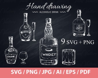 9 Hand Drawn Alcoholic Drink - whiskey bottle, grappa bottle, vine bottle, cognak bottle, vermut bottle, ermut bottle, russian vodka, liquer
