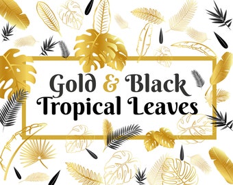 Goud en zwarte tropische bladeren handgeschilderd - tropische achtergrond met jungle planten vector exotisch patroon met palm bladeren, instant download