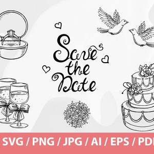 May include: Black and white line art illustrations of wedding related items.  The illustrations include a ring in a box, two champagne flutes, a bouquet of flowers, a wedding cake, two doves, and the text "Save the Date".