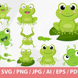 K&ouml;nnte beinhalten: Ein Set mit zehn gr&uuml;nen Froschillustrationen in verschiedenen Posen, darunter ein Frosch, der auf einem Seerosenblatt sitzt, ein springender Frosch und ein Frosch mit herausgestreckter Zunge. Die Illustrationen sind im Cartoon-Stil gehalten und eignen sich perfekt f&uuml;r die Verwendung in einer Vielzahl von Projekten.