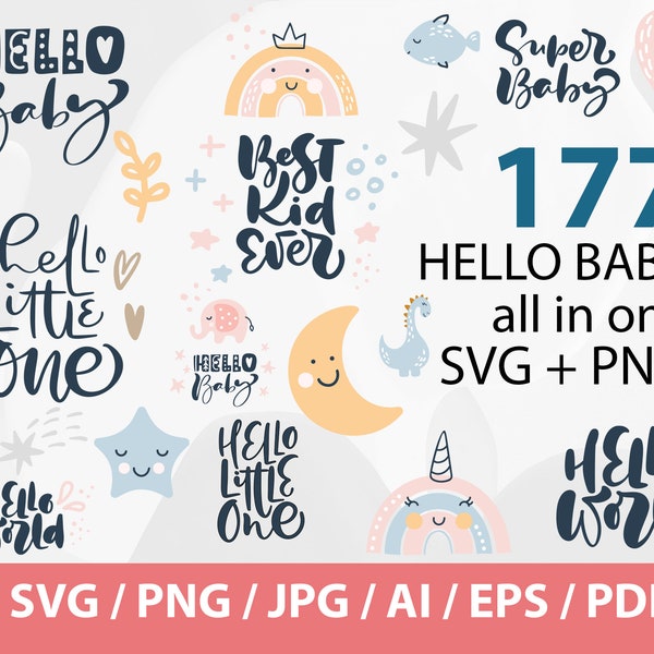 HELLO BABY all in one set - Babyankündigung svg | hello world svg | Geburtsdaten svg | Blume Baby Runde svg | Newborn Sign svg | Baby svg