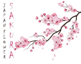 Réaliste Blossoming Sakura Branch - Sakura Clipart, Sakura Branch SVG, Pink Sakura svg, Flowers Sakura clipart, Cherry Blossom, Sakura svg