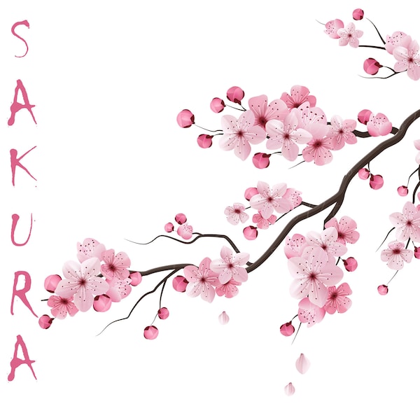 Realistic Blossoming Sakura Branch -  Sakura Clipart, Sakura Branch SVG, Pink Sakura svg, Flowers Sakura clipart, Cherry Blossom, Sakura svg