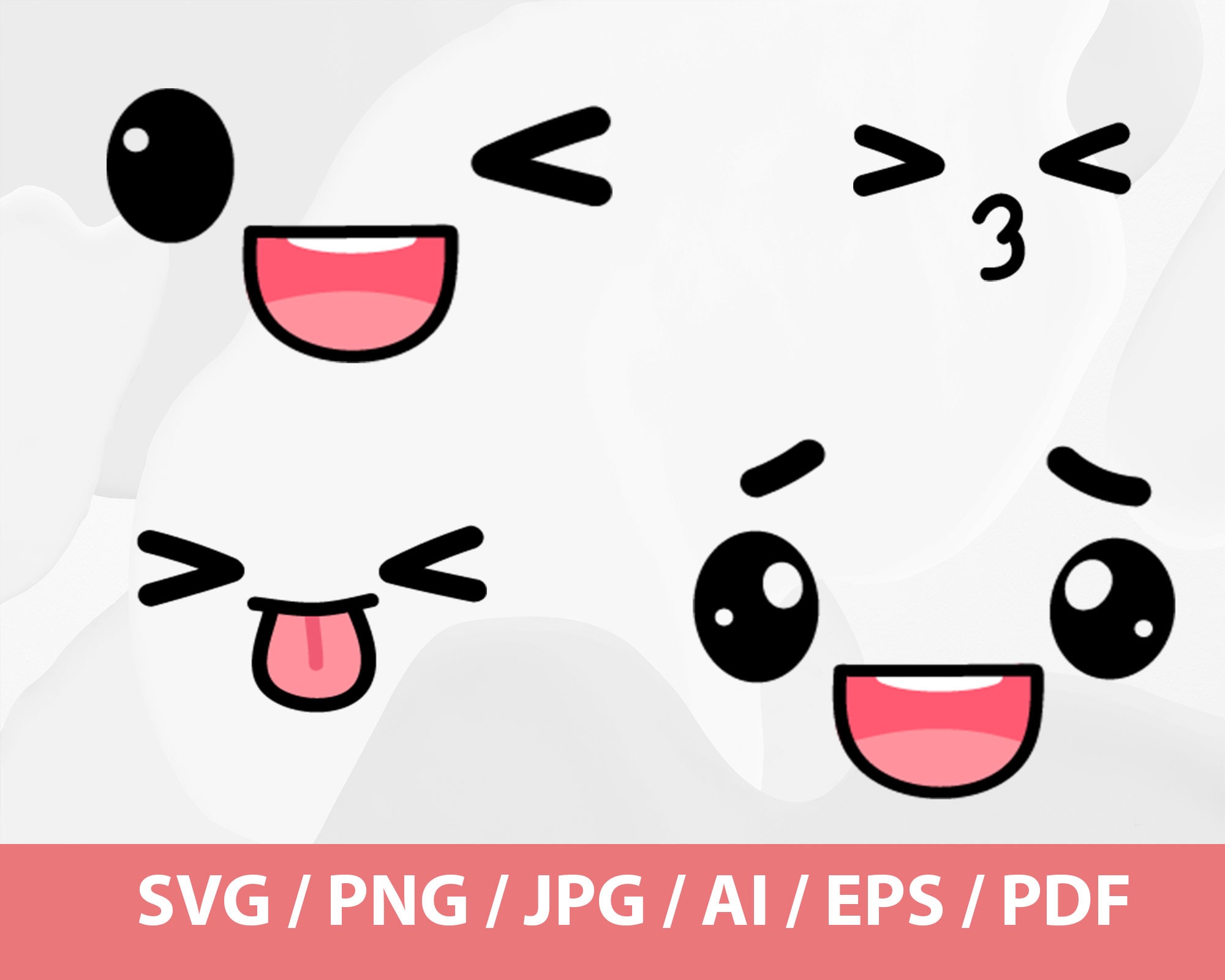 Set of Cute Face Expressions - Kawaii Faces Svg Bundle, Cuttable File ...