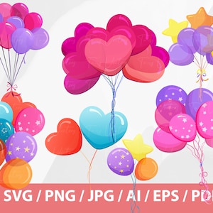 Balloon Bunches Set - party clip art balloons in single and bunches, realistic flying balloons, decoration balloons, birthdays balloons svg