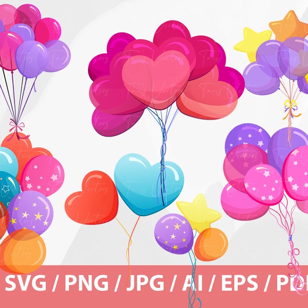 Balloon Bunches Set - party clip art balloons in single and bunches, realistic flying balloons, decoration balloons, birthdays balloons svg