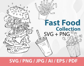 Fast Food Collection SVG - Burger svg, French Fries png, Popcorn svg, drink png, Restaurant Menu, Fast Food, SVG Doodle, Menu Doodle, png