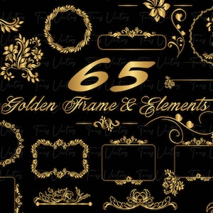 Conjunto de 65 elementos y marcos dorados: marco svg, elementos decorativos, divisor de hojas svg, adornos svg, borde svg, marco dorado svg, remolinos SVG, png