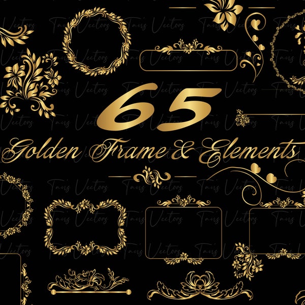 65 Golden Frame and Elements SET - Frame svg, Decorative Elements, Leaf Dvider svg, Ornaments svg,Border svg, gold frame svg, Swirls SVG,png