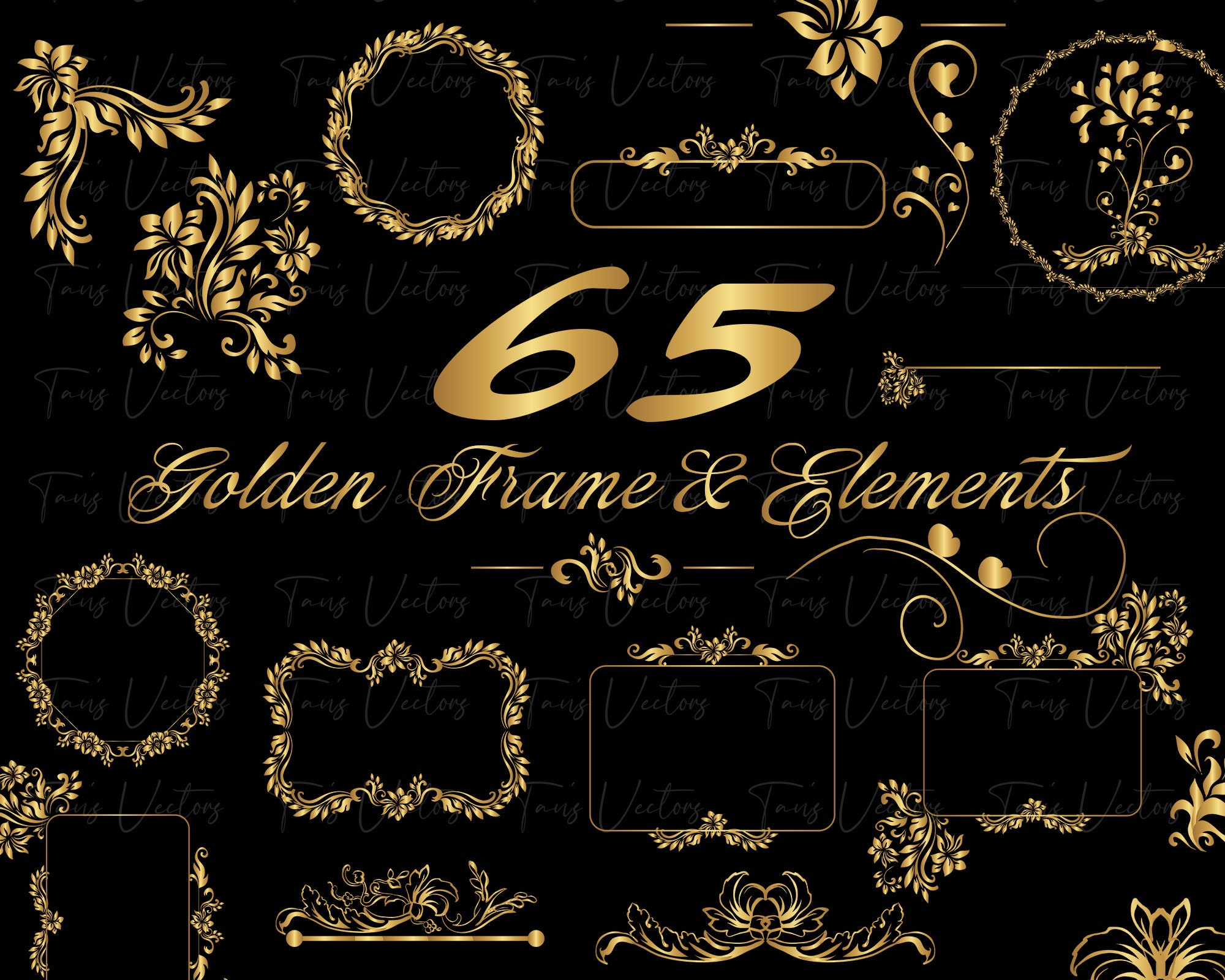 65 Golden Frame and Elements SET - Frame svg, Decorative Elements, Leaf Dvider svg, Ornaments svg,Border svg, gold frame svg, Swirls SVG,png