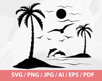 Dolphin Palm Tree Sunset - Dolphin svg, Palm Trees svg, Tropical Palm Tree, Tropical, Vacation, Ocean, Beach, Summer, Bird, Instant Download