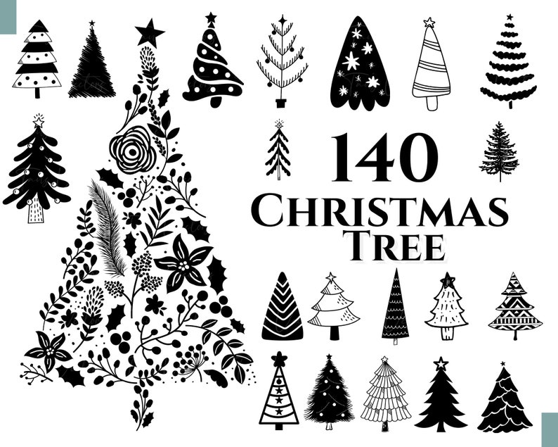 May include: A collection of 140 black and white Christmas tree illustrations. The trees are in various styles, including traditional, modern, and whimsical. The text "140 Christmas Tree" is displayed at the top of the image.