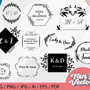 May include: A selection of black and white wedding or event invitation templates. The designs feature floral wreaths, geometric frames, and elegant typography with names and dates. Formats include SVG, PNG, JPG, AI, EPS, and PDF.