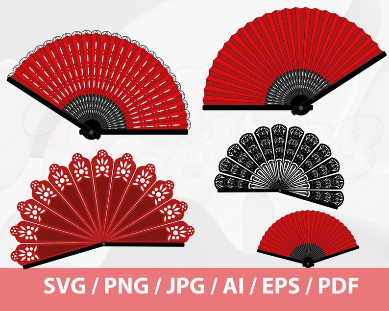 Puede incluir: Cinco dise&ntilde;os diferentes de abanicos plegables rojos y negros. Los abanicos est&aacute;n decorados con intrincados patrones y son perfectos para agregar un toque de elegancia a cualquier ocasi&oacute;n.