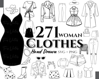 Woman Clothes Collection Set - Clothes svg, Clothing svg, Clothes Clipart, Clothes Accessories, Denim Jacket, Denim Shorts, Fashion Clothes