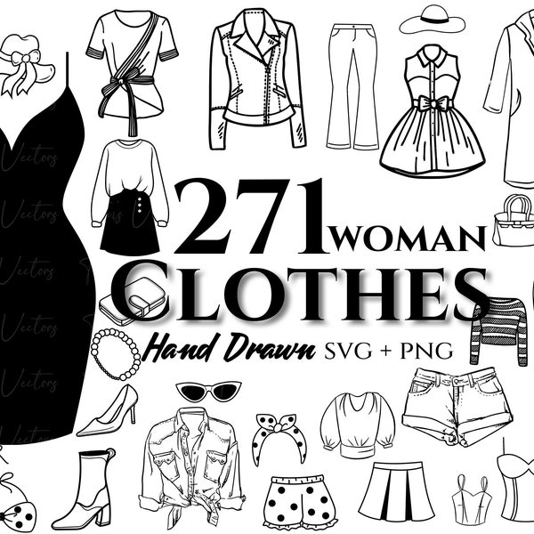 Woman Clothes Collection Set - Clothes svg, Clothing svg, Clothes Clipart, Clothes Accessories, Denim Jacket, Denim Shorts, Fashion Clothes