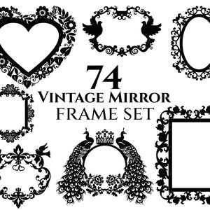 May include: Set of 74 vintage mirror frames in black. The frames are ornate and feature various designs, including hearts, peacocks, and floral patterns.