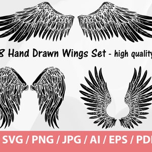 Angel Wings Set - 8 Hand Drawn Wings SVG, Angel Wings svg, Mom Life svg, Wings Tattoo svg, Jesus SVG,  Baby Angel Wings, svg and PNG, Wings