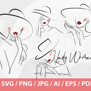 Lady Beauty - Woman with hat svg,  Woman in red,  Woman lips svg, Women&#39;s face svg, Line Art Women SVG Lady wearing hat svg, Lady in Hat SVG