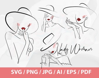 Lady Beauty - Woman with hat svg,  Woman in red,  Woman lips svg, Women's face svg, Line Art Women SVG Lady wearing hat svg, Lady in Hat SVG